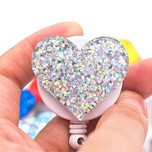 Ascrafter Bling Heart Badge Holder for Women, 5 Pack Glitter Love Heart Retractable Badge Reel Clip on ID Name Card, Colorful ID Badge Clip for ID Tag Nurse Accessories for Work - Image 5