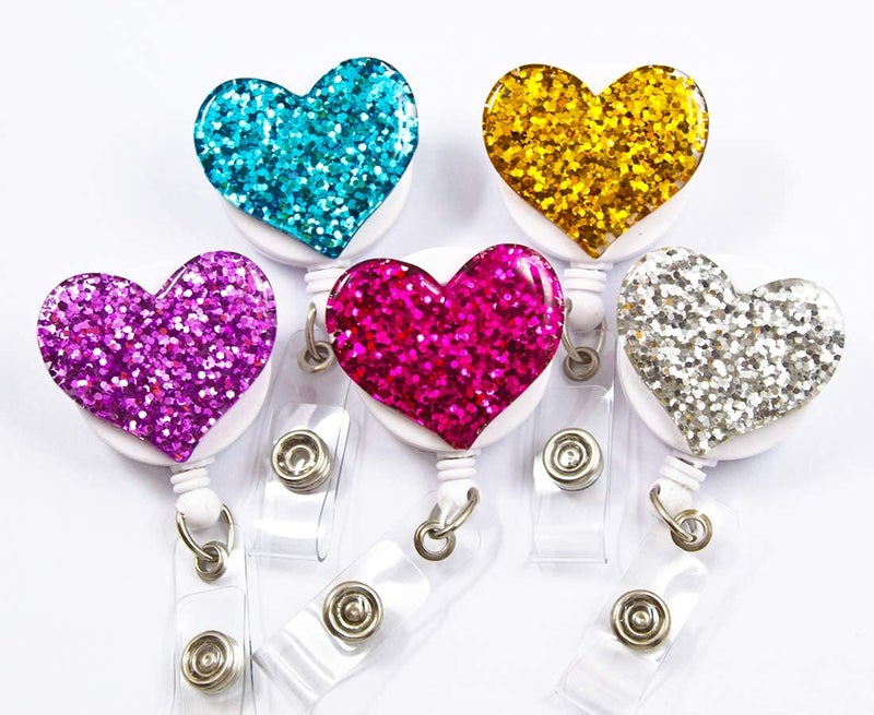 Ascrafter Bling Heart Badge Holder for Women, 5 Pack Glitter Love Heart Retractable Badge Reel Clip on ID Name Card, Colorful ID Badge Clip for ID Tag Nurse Accessories for Work - Image 1