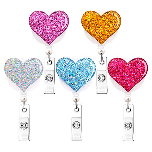 Ascrafter Bling Heart Badge Holder for Women, 5 Pack Glitter Love Heart Retractable Badge Reel Clip on ID Name Card, Colorful ID Badge Clip for ID Tag Nurse Accessories for Work - Image 2