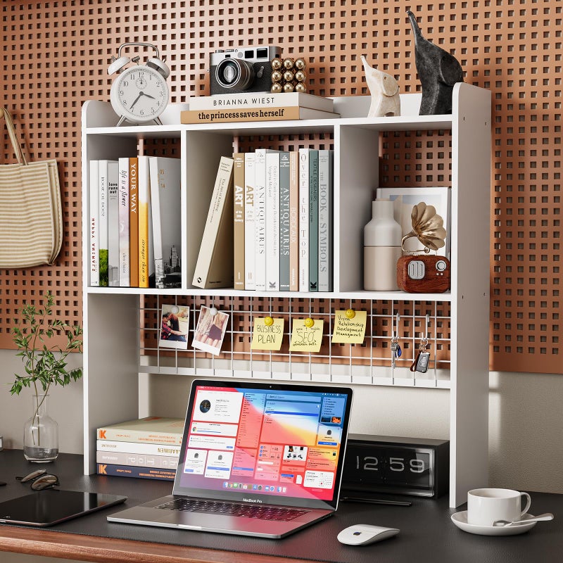 FNBAR Desktop Bookshelf,Countertop Storage Hutch with 3 Shelves for Computer Deskï¼Œ2-Tier Display Rack with Grid Panel, Multipurpose Wood Desk Hutch Storage Organizer for Home Office Dorm (White) - Image 1