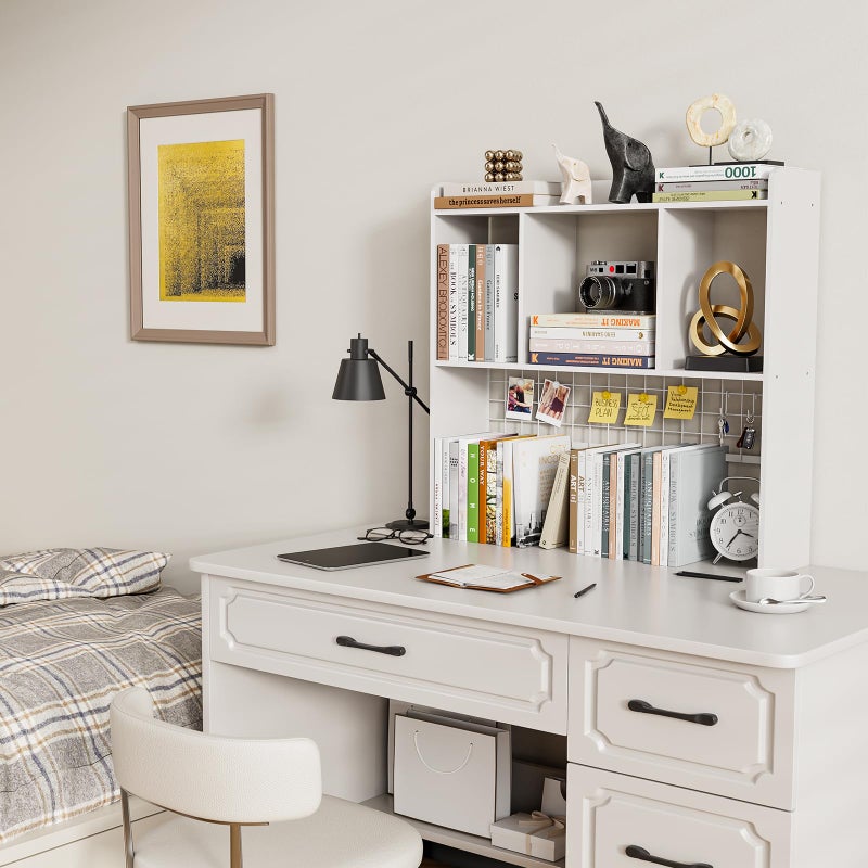 FNBAR Desktop Bookshelf,Countertop Storage Hutch with 3 Shelves for Computer Deskï¼Œ2-Tier Display Rack with Grid Panel, Multipurpose Wood Desk Hutch Storage Organizer for Home Office Dorm (White) - Image 4