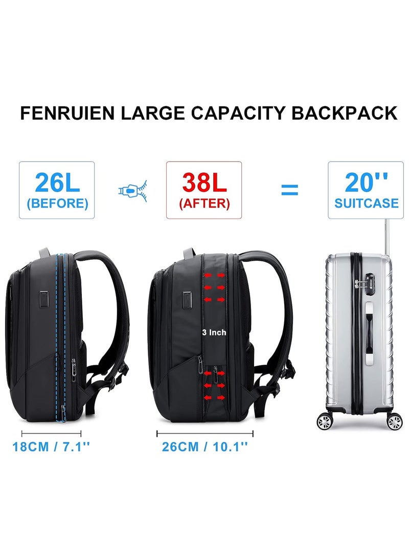 فينوين 38L FENRUIEN Business Travel Backpack for Men, Expandable Water Resistant Computer Backpack with USB Port, Black Laptop Backpack 15.6 Inch for College/Work  - Image 2