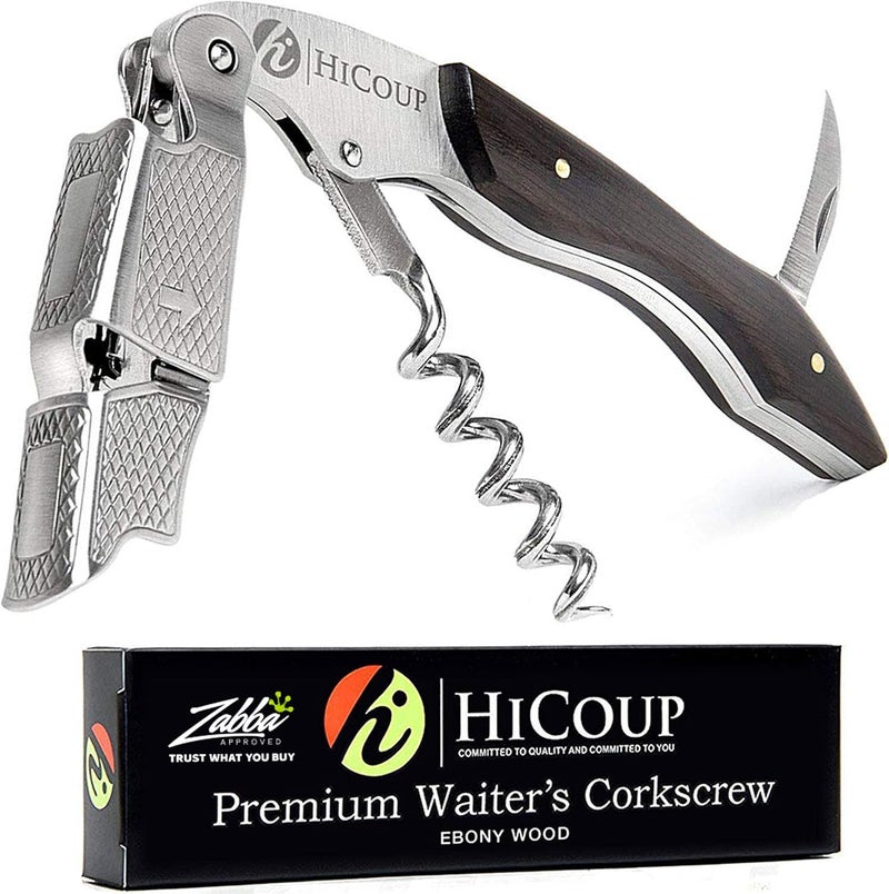 HiCoup Kitchenware فتاحة نبيذ هيكوب - مفتاح احترافي لزجاجات النبيذ مع قاطع ورق ورافعة غطاء - مفتاح نبيذ يدوي للخدم والنُدُل وبارتندرز والاستخدام المنزلي - خشب إبوني - Image 1