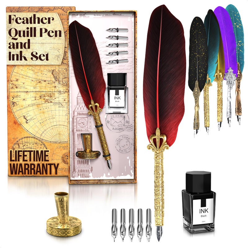 LAGARTO Red Feather Quill Pen and Ink Set - 11.4" Antique Feather Pen and Ink Set with Stainless Steel Nib for Calligraphy Practice, Drawing & Signatures - Designed for Beginners and Calligraphy Enthusiasts - Image 1