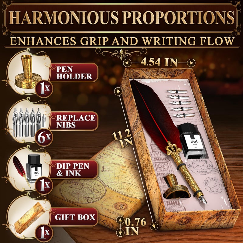 LAGARTO Red Feather Quill Pen and Ink Set - 11.4" Antique Feather Pen and Ink Set with Stainless Steel Nib for Calligraphy Practice, Drawing & Signatures - Designed for Beginners and Calligraphy Enthusiasts - Image 2