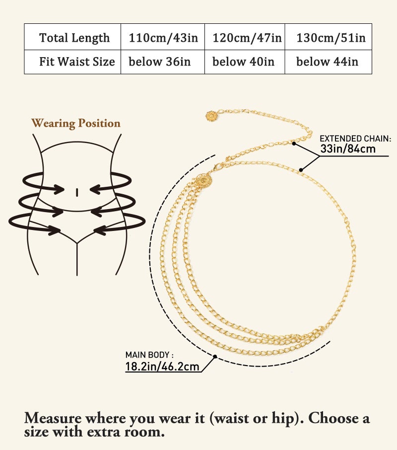 Nackiy Western Chain Belts for Women, Gold/Silver Boho Cowgirl Waist Belt, Sizes 43/47/51in, Dress & Jeans Accessory(GoldMultilayer Chains110cm) - Image 4