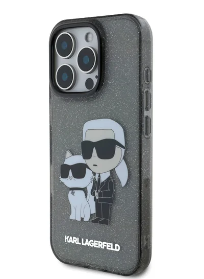 Karl Lagerfeld IML Glitter Hard Case with NFT Karl & Choupette Logo for iPhone 16 Pro / Drop protection / Slim Profile / Comfortable Grip-Black