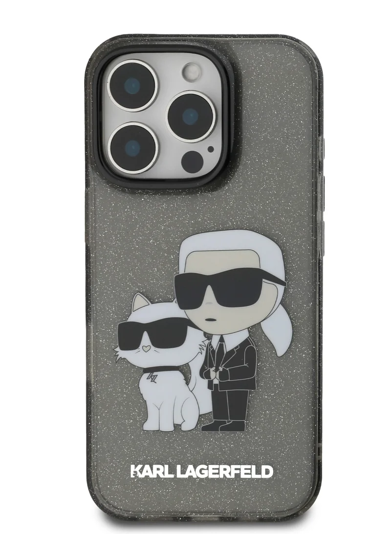 Karl Lagerfeld IML Glitter Hard Case with NFT Karl & Choupette Logo for iPhone 16 Pro / Drop protection / Slim Profile / Comfortable Grip-Black