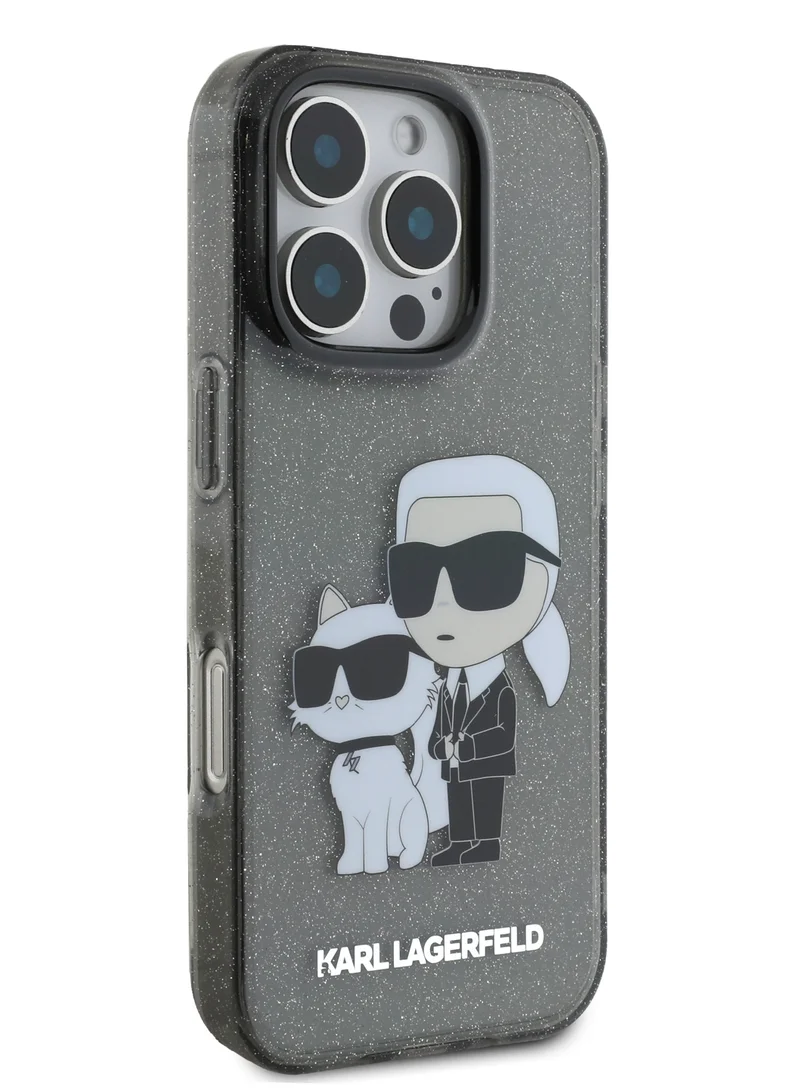 Karl Lagerfeld IML Glitter Hard Case with NFT Karl & Choupette Logo for iPhone 16 Pro / Drop protection / Slim Profile / Comfortable Grip-Black