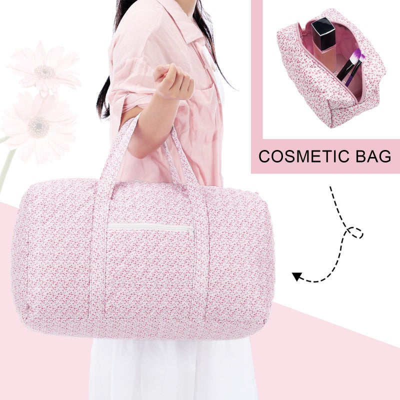 Bulyoou 2 Pack Floral Travel Duffel Bag Large Quilted Travel Duffle Bag and Floral Makeup Pouch Portable Gym Lightweight Weekender Organizer with Zipper Pockets Grocery Pouch for Women(Pink) - Image 4