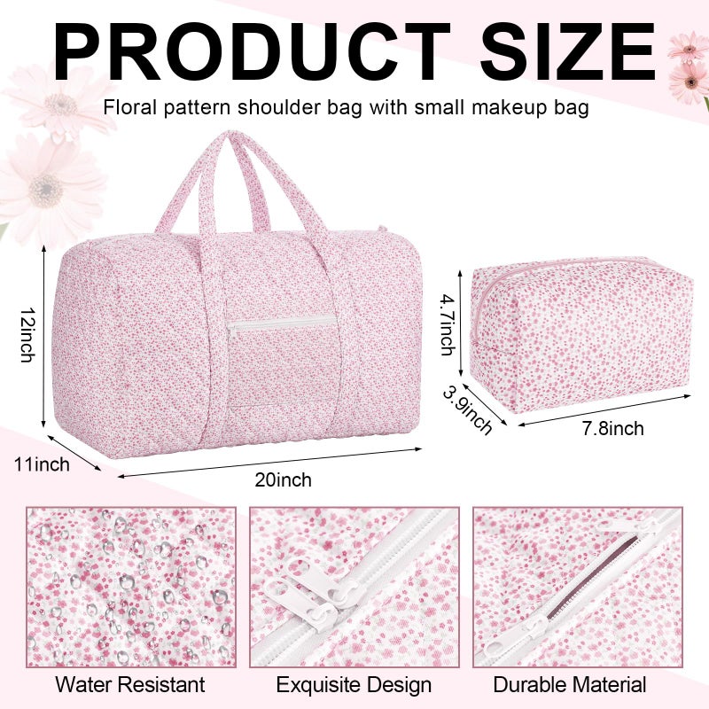 Bulyoou 2 Pack Floral Travel Duffel Bag Large Quilted Travel Duffle Bag and Floral Makeup Pouch Portable Gym Lightweight Weekender Organizer with Zipper Pockets Grocery Pouch for Women(Pink) - Image 2