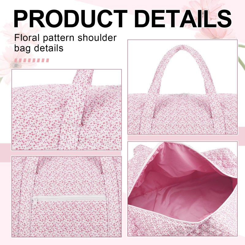 Bulyoou 2 Pack Floral Travel Duffel Bag Large Quilted Travel Duffle Bag and Floral Makeup Pouch Portable Gym Lightweight Weekender Organizer with Zipper Pockets Grocery Pouch for Women(Pink) - Image 3