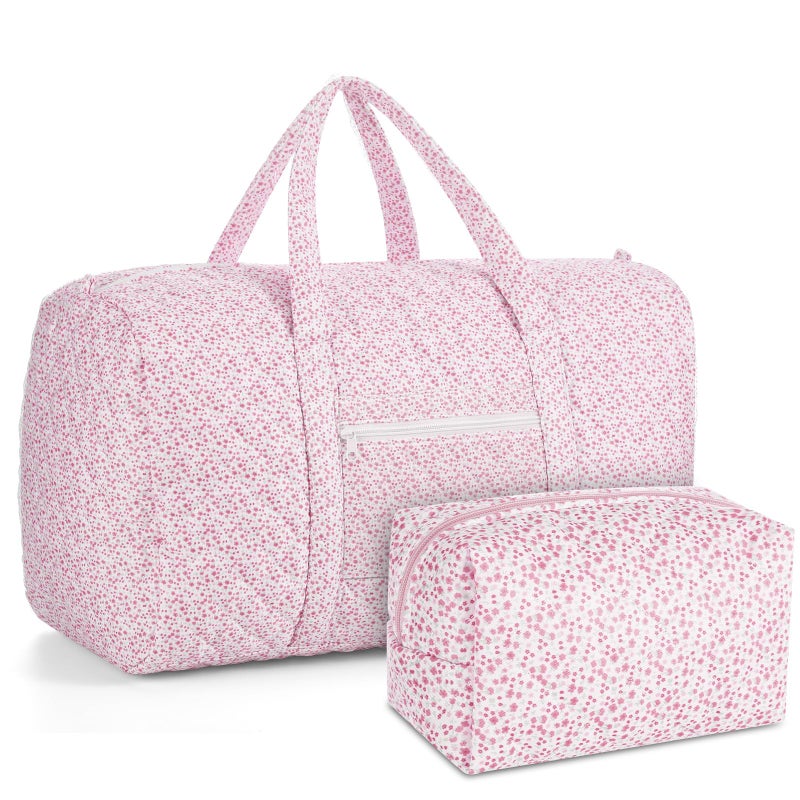 Bulyoou 2 Pack Floral Travel Duffel Bag Large Quilted Travel Duffle Bag and Floral Makeup Pouch Portable Gym Lightweight Weekender Organizer with Zipper Pockets Grocery Pouch for Women(Pink) - Image 1
