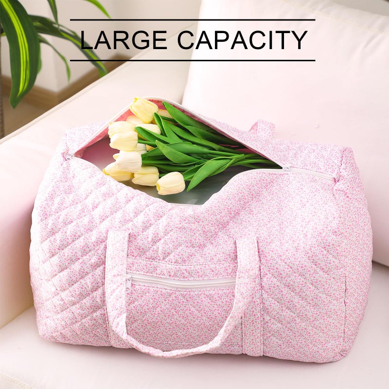 Bulyoou 2 Pack Floral Travel Duffel Bag Large Quilted Travel Duffle Bag and Floral Makeup Pouch Portable Gym Lightweight Weekender Organizer with Zipper Pockets Grocery Pouch for Women(Pink) - Image 5