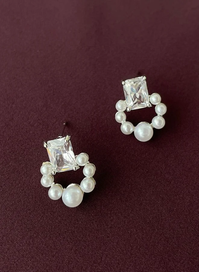 Take Two Take Two Silver Faux Pearl Square Stud Earrings