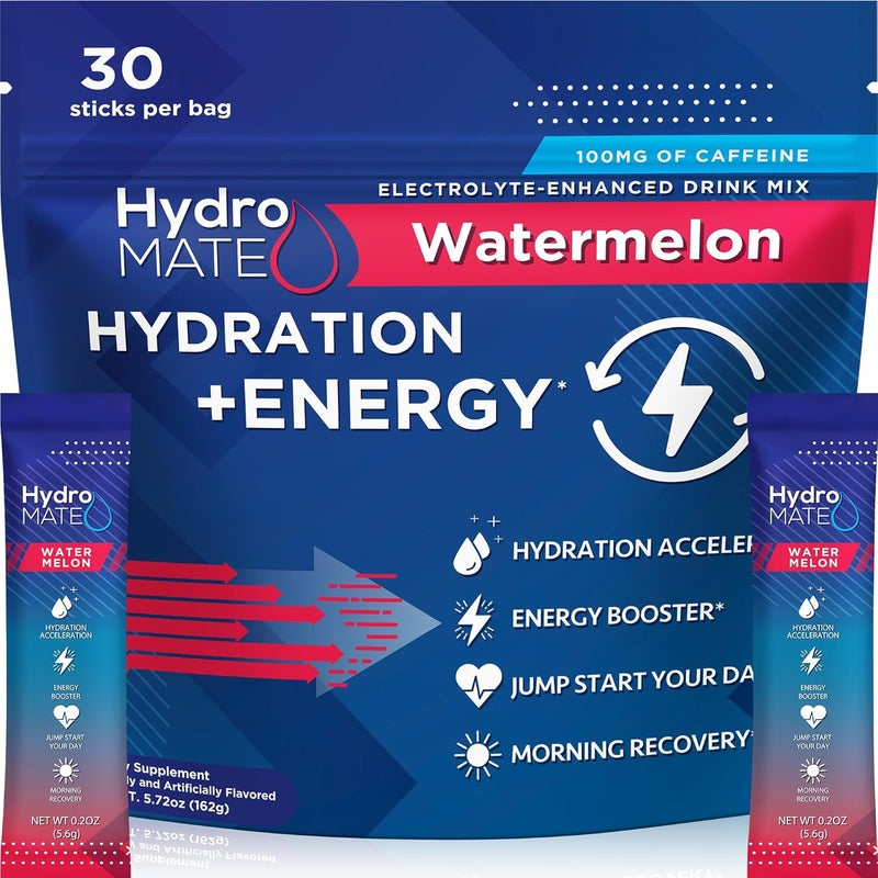 NatureWorks HydroMATE Electrolytes Powder Drink Mix Packets Hydration Accelerator Low Sugar Rapid Party Relief Recovery Vitamin C Plus Caffeine Watermelon 30 Count - Image 1