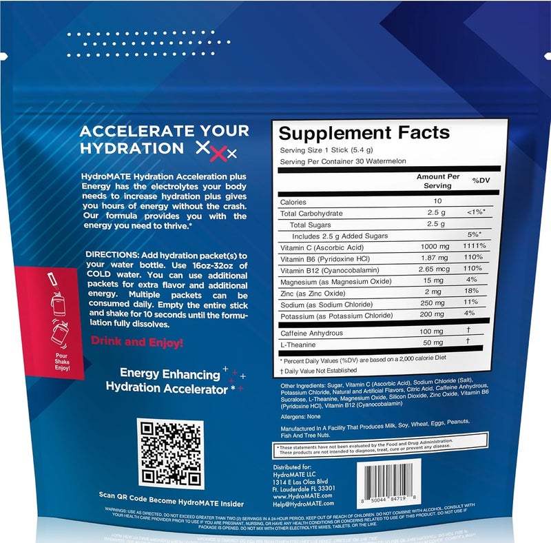 NatureWorks HydroMATE Electrolytes Powder Drink Mix Packets Hydration Accelerator Low Sugar Rapid Party Relief Recovery Vitamin C Plus Caffeine Watermelon 30 Count - Image 4
