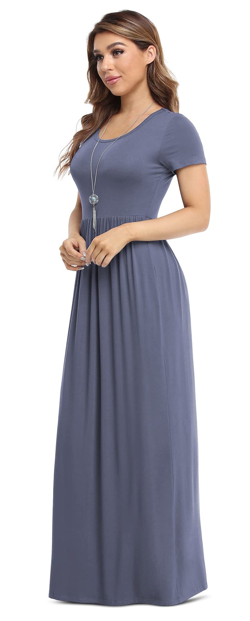 VIISHOW Women's Short Sleeve Loose Plain Maxi Dresses Casual Long Dresses with Pockets (Large, Purple Gray) - Image 2