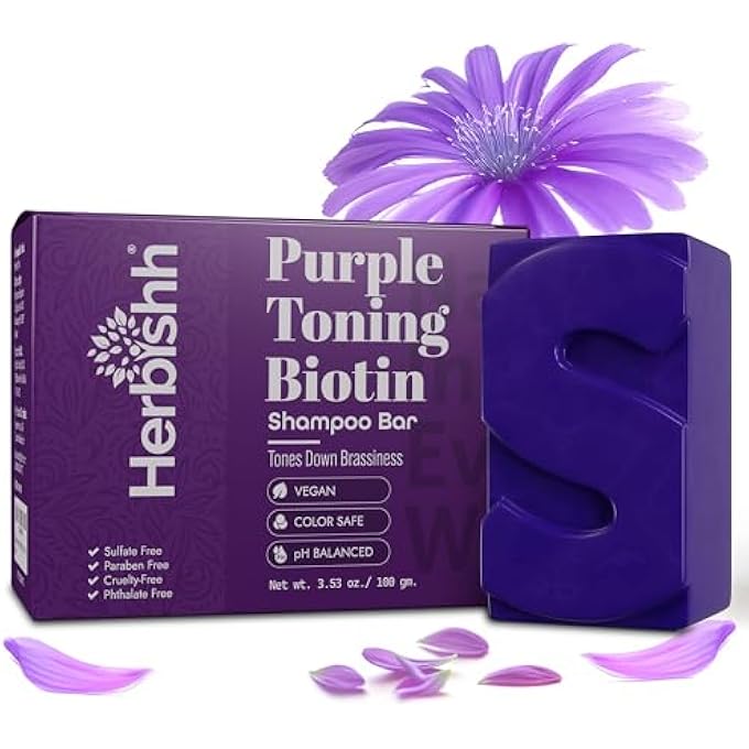 Herbishh PURPLE SHAMPOO BAR FOR BLONDE HAIR WITH BIOTIN | SOLID BAR TO NEUTRALIZE BRASSY TONES, STRENGTHEN & ADD SHINE, FOR GREY COVERAGE, COLOR-TREATED & HIGHLIGHTED HAIR VEGAN & SULFATE-FREE 3.53 OZ - Image 2
