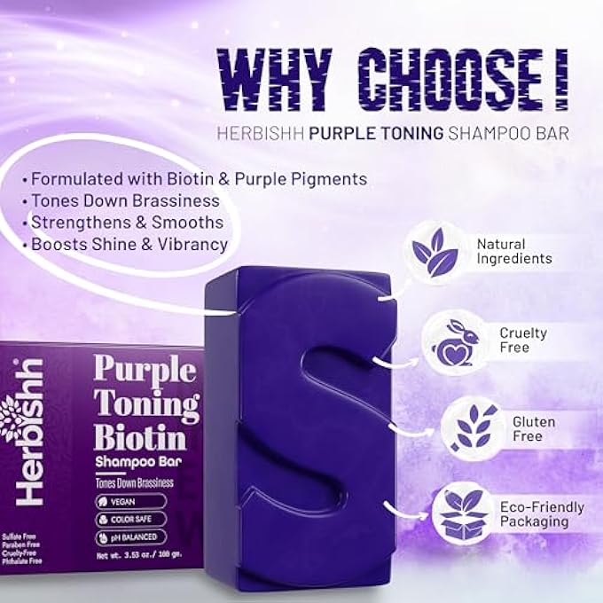 Herbishh PURPLE SHAMPOO BAR FOR BLONDE HAIR WITH BIOTIN | SOLID BAR TO NEUTRALIZE BRASSY TONES, STRENGTHEN & ADD SHINE, FOR GREY COVERAGE, COLOR-TREATED & HIGHLIGHTED HAIR VEGAN & SULFATE-FREE 3.53 OZ - Image 3