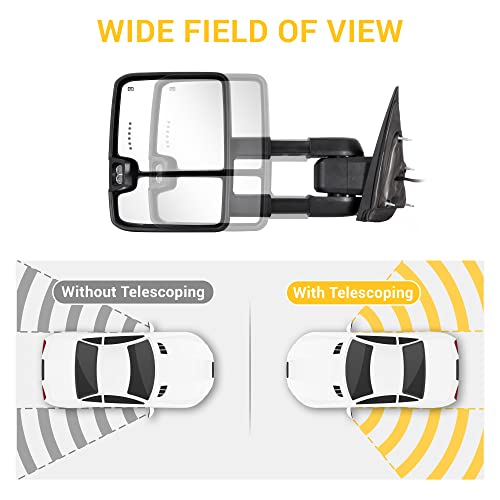 Sanooer Towing Mirrors for 2014-2018 Chevy Silverado GMC Sierra 1500 2500 HD 3500 HD with Power Glass LED Arrow Turn Signal Light Backup Lamp Running Light Heated Extendable Pair Set (White Paint 8624) - Image 5