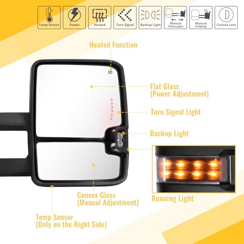Sanooer Towing Mirrors for 2014-2018 Chevy Silverado GMC Sierra 1500 2500 HD 3500 HD with Power Glass LED Arrow Turn Signal Light Backup Lamp Running Light Heated Extendable Pair Set (White Paint 8624) - Image 2