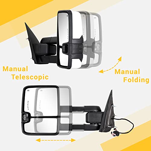 Sanooer Towing Mirrors for 2014-2018 Chevy Silverado GMC Sierra 1500 2500 HD 3500 HD with Power Glass LED Arrow Turn Signal Light Backup Lamp Running Light Heated Extendable Pair Set (White Paint 8624) - Image 3