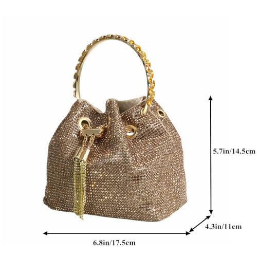 DJBM Ladies Full Diamonds Bucket Handbag Rhinestone Evening Bag Bling Clutch Purse for Women Party Prom Cocktail Wedding, Gold - Image 2