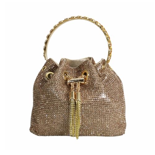 DJBM Ladies Full Diamonds Bucket Handbag Rhinestone Evening Bag Bling Clutch Purse for Women Party Prom Cocktail Wedding, Gold - Image 1