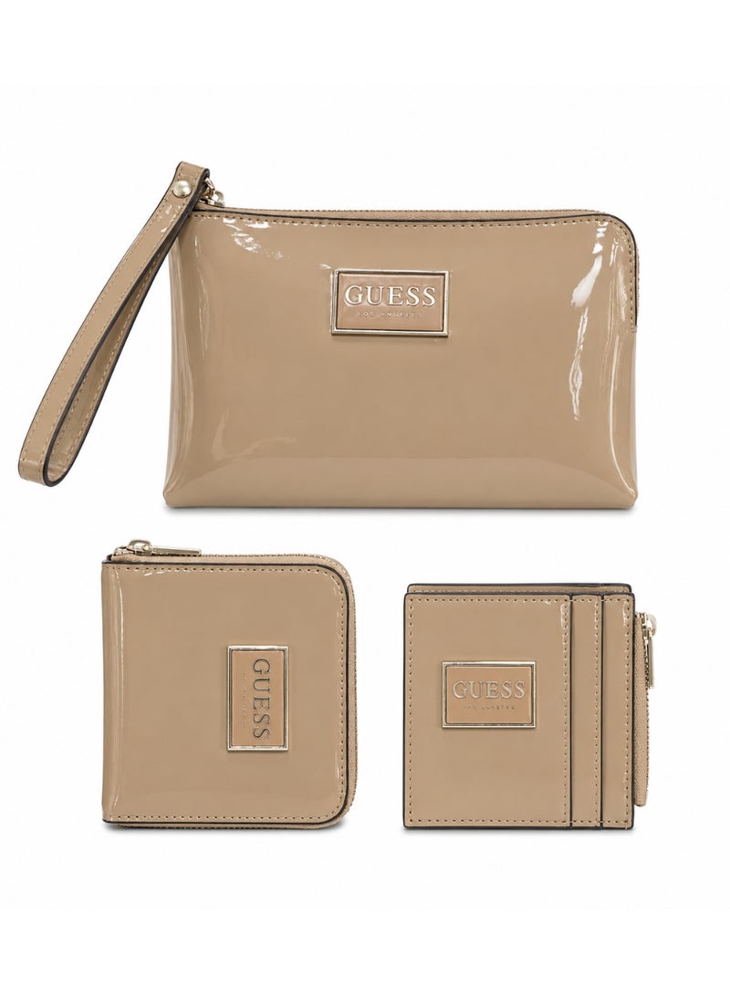 3-Piece Luxury Patent Glossy Leatherette Gift Set With L-Zip Wallet Zippered Card Holder And Wristlet Pouch Beige