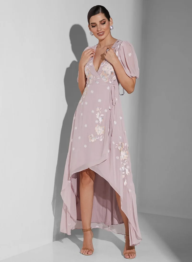 Frock and Frill Plunge Neck High Low Printed Dress