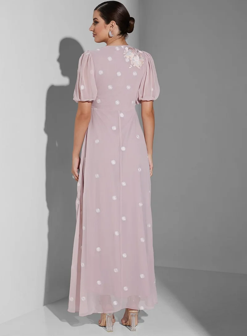 Frock and Frill Plunge Neck High Low Printed Dress