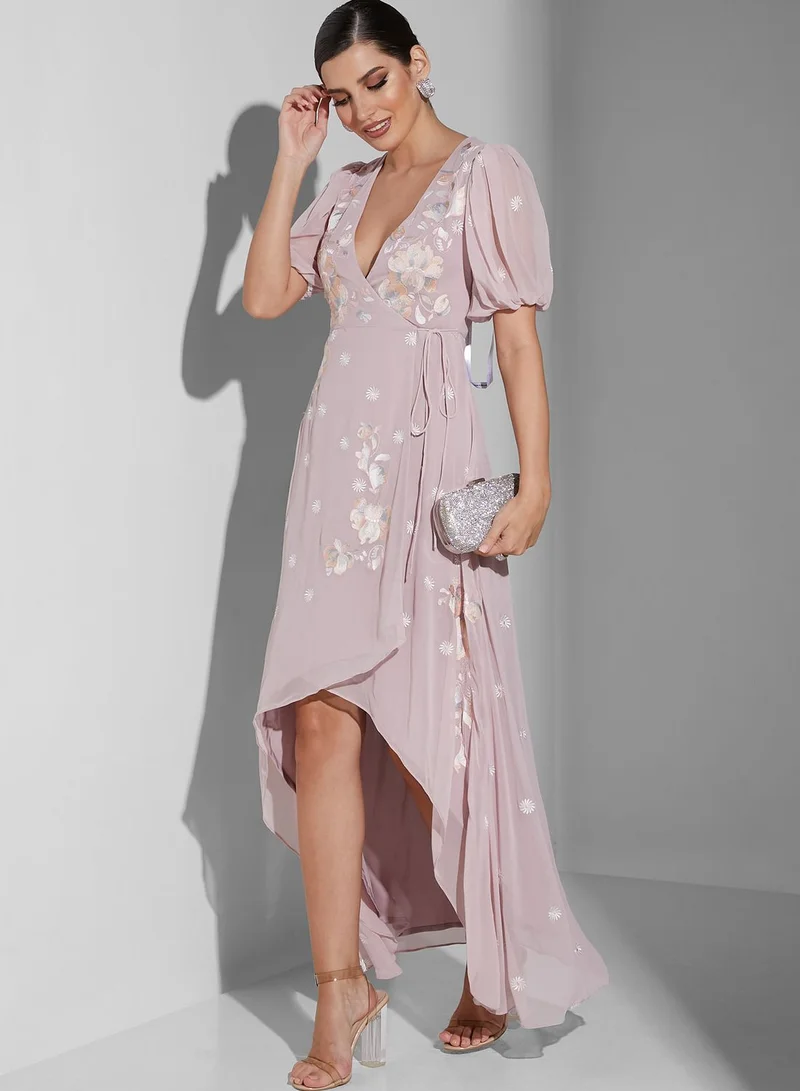 Frock and Frill Plunge Neck High Low Printed Dress