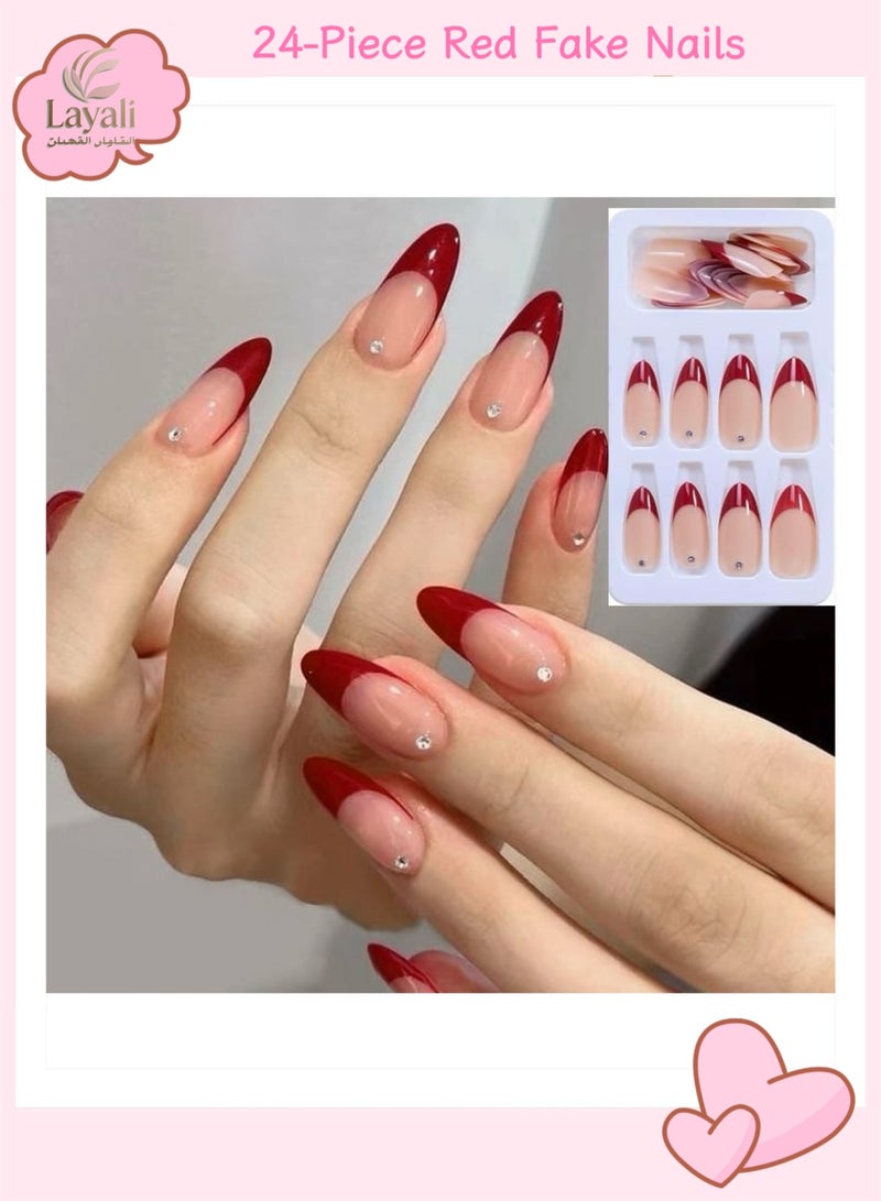 Layali 24-Piece Red Fake Nails with Rhinestone Include Jelly Stickers and Nail File, Almond Shaped for Women - Image 1
