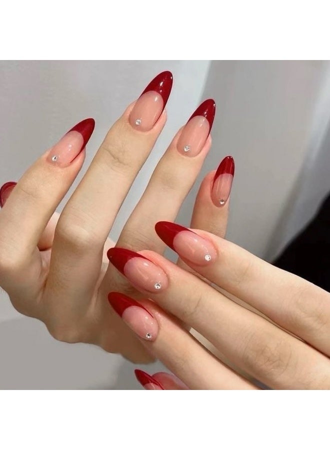 Layali 24-Piece Red Fake Nails with Rhinestone Include Jelly Stickers and Nail File, Almond Shaped for Women - Image 4
