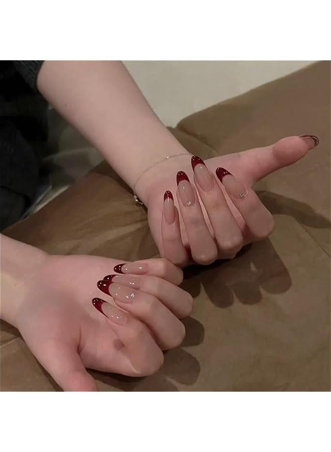 Layali 24-Piece Red Fake Nails with Rhinestone Include Jelly Stickers and Nail File, Almond Shaped for Women - Image 5