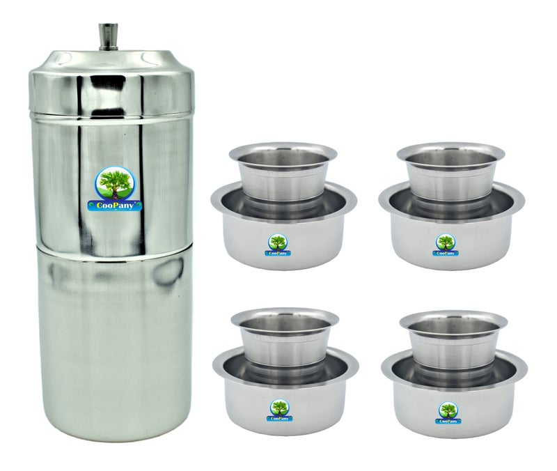 CooPany صانعة القهوة الفلتر الجنوبية الهندية من كوو باني® من الفولاذ المقاوم للصدأ 200 مل (4 إلى 5 أكواب) ومجموعة تقليدية من 4 قطع من دابارا القهوة من كومباكونام (كوب 150 مل، دابارا 250 مل) - Image 1