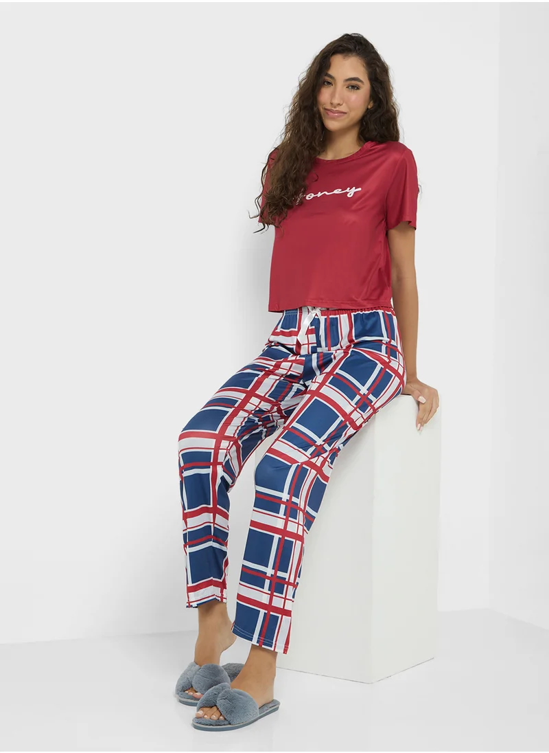 جينجر Cotton T-Shirt & Checkered Pyjama Set