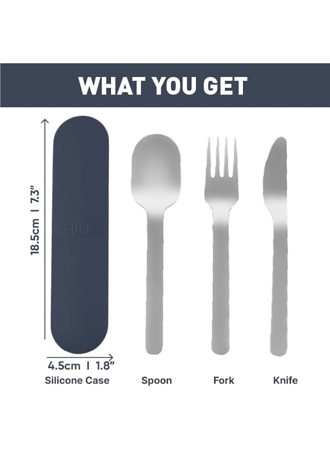 BEOLA Stainless Steel Cutlery Set, Travel Utensils Set With Silicone Case Pouch, Fork Spoon Knife Camping Set, Cutlery Set For Kids School, Set Of 4 (Marine Blue) - Image 3