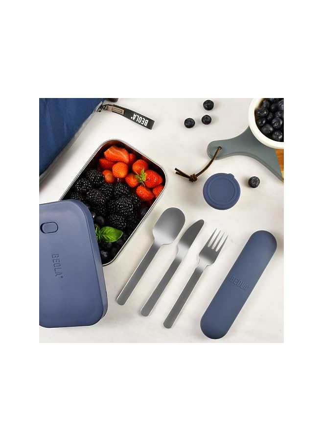 BEOLA Stainless Steel Cutlery Set, Travel Utensils Set With Silicone Case Pouch, Fork Spoon Knife Camping Set, Cutlery Set For Kids School, Set Of 4 (Marine Blue) - Image 5