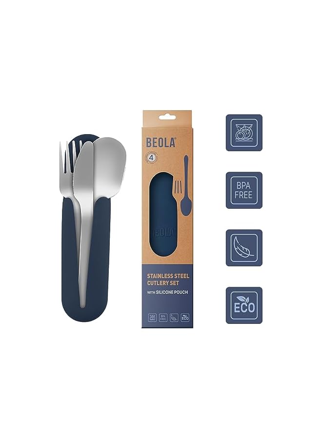BEOLA Stainless Steel Cutlery Set, Travel Utensils Set With Silicone Case Pouch, Fork Spoon Knife Camping Set, Cutlery Set For Kids School, Set Of 4 (Marine Blue) - Image 4