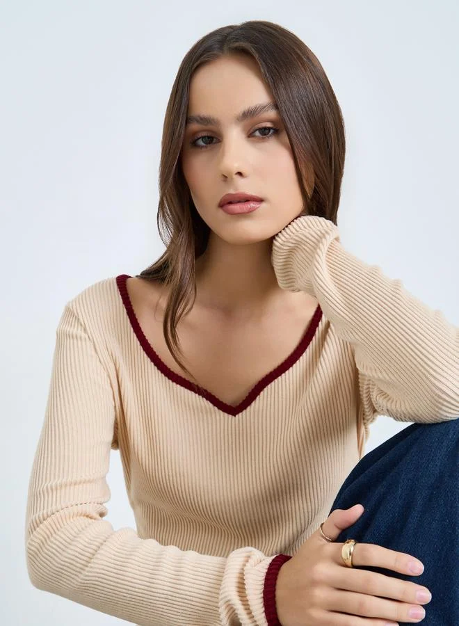 Take Two Women Beige Long Sleeve Ribbed Top