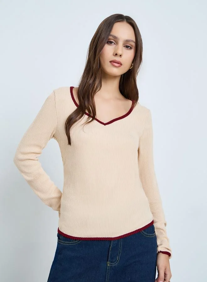 Take Two Women Beige Long Sleeve Ribbed Top