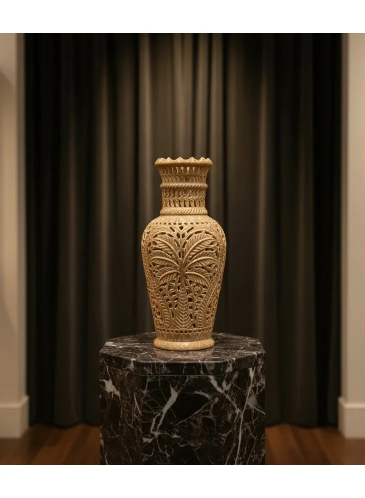 Tohfa Luxe Tohfa Luxe Hand-Carved Marble Palm Vase – 26 cm Natural Marble Décor | Intricate Palm Leaf Cutwork | Luxury Artisanal Home Accent for Living Room, Office, Majlis & Gifting