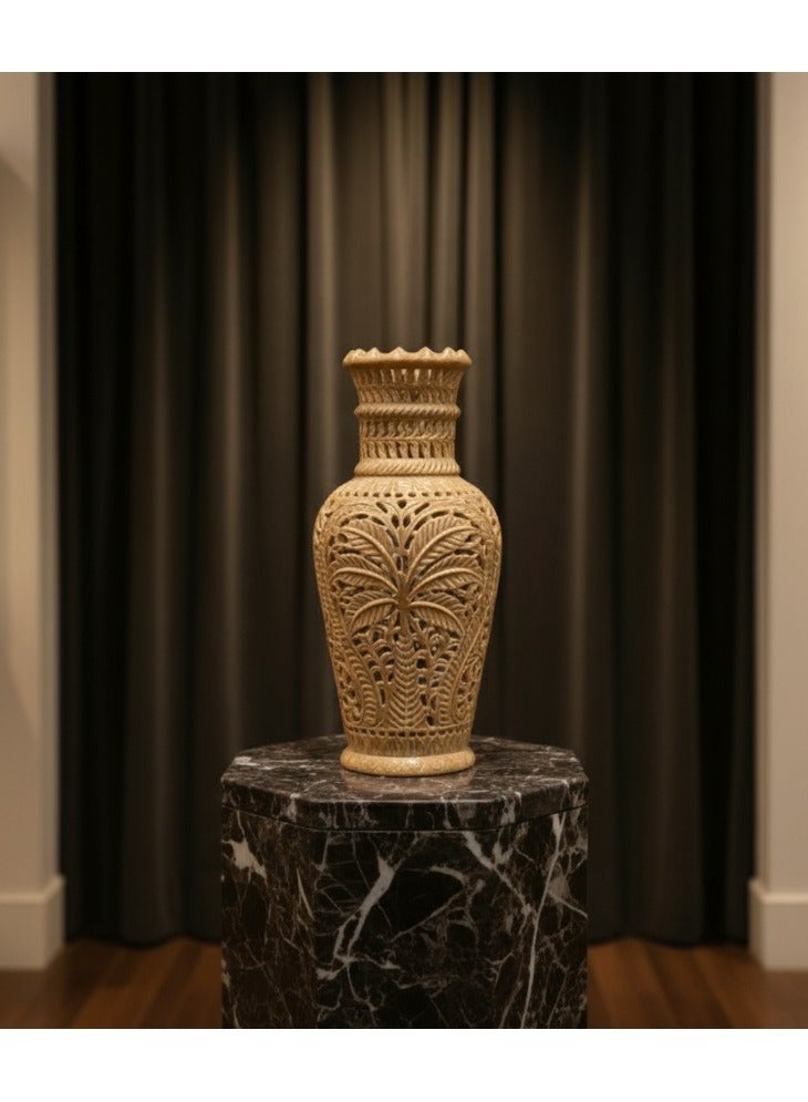 Tohfa Luxe Hand-Carved Marble Palm Vase – 26 cm Natural Marble Décor | Intricate Palm Leaf Cutwork | Luxury Artisanal Home Accent for Living Room, Office, Majlis & Gifting