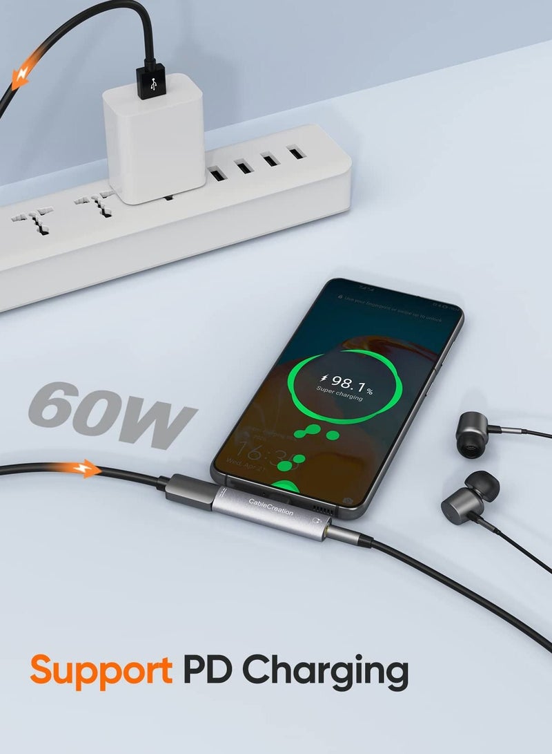 Excefore USB C Splitter USB C to 3.5mm Headphone and Charger Adapter, CableCreation 2 in 1 Type-C to Hi-Res 3.5mm Audio with PD Fast Charge, Aluminum Gray - Image 5