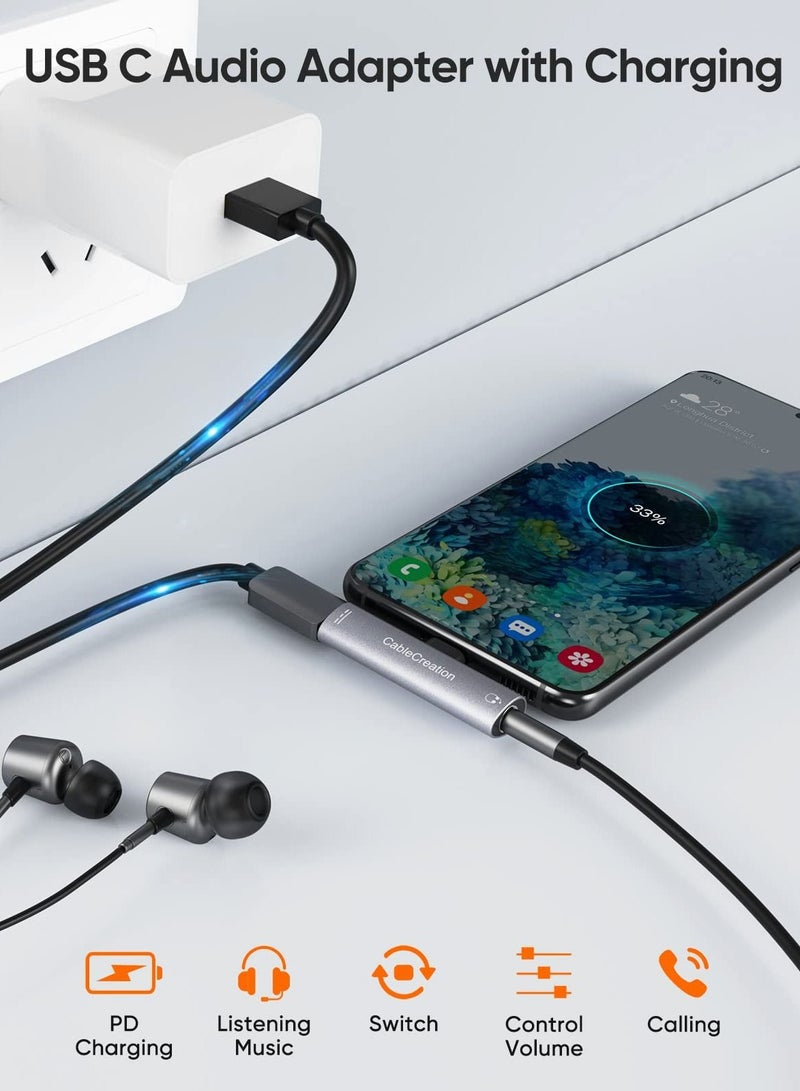 Excefore USB C Splitter USB C to 3.5mm Headphone and Charger Adapter, CableCreation 2 in 1 Type-C to Hi-Res 3.5mm Audio with PD Fast Charge, Aluminum Gray - Image 3