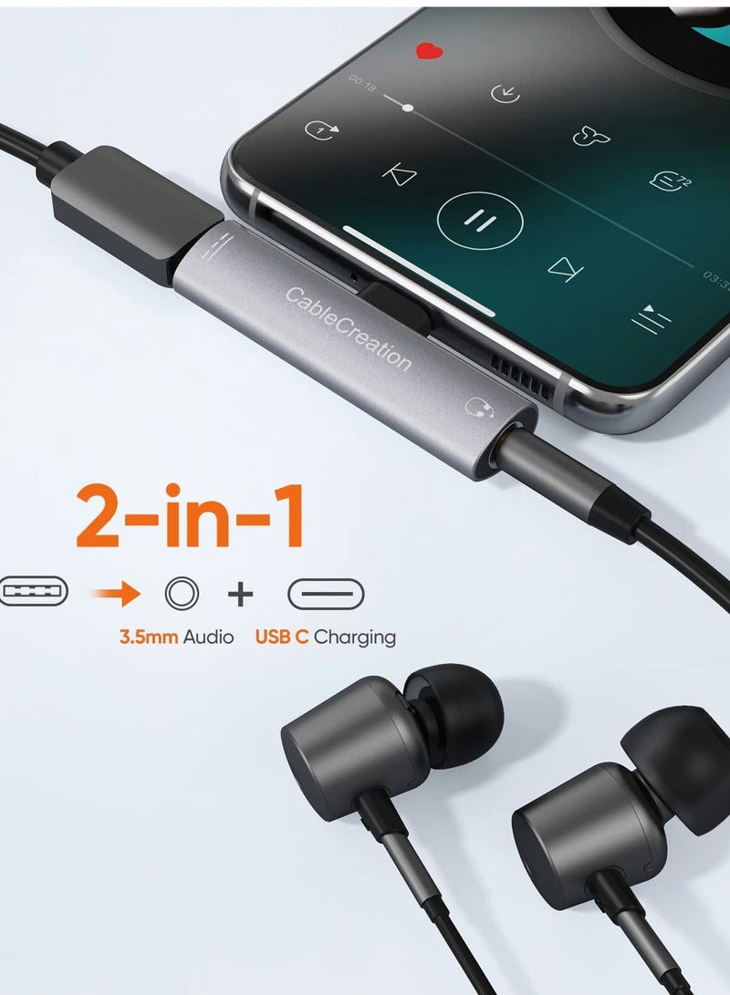 Excefore USB C Splitter USB C to 3.5mm Headphone and Charger Adapter, CableCreation 2 in 1 Type-C to Hi-Res 3.5mm Audio with PD Fast Charge, Aluminum Gray - Image 2