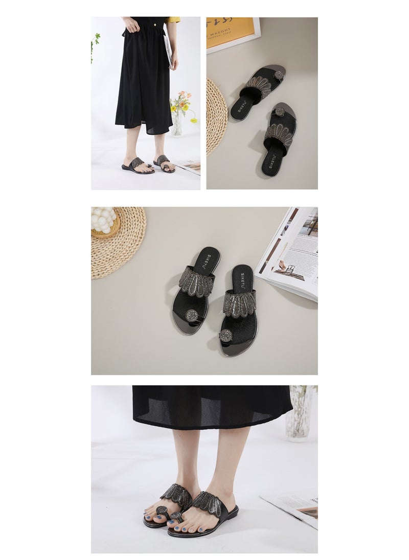 SIKETU Flat Rhinestones Clamp Feet Comfortable With Everything Beach Sandals Woman Black  - Image 2