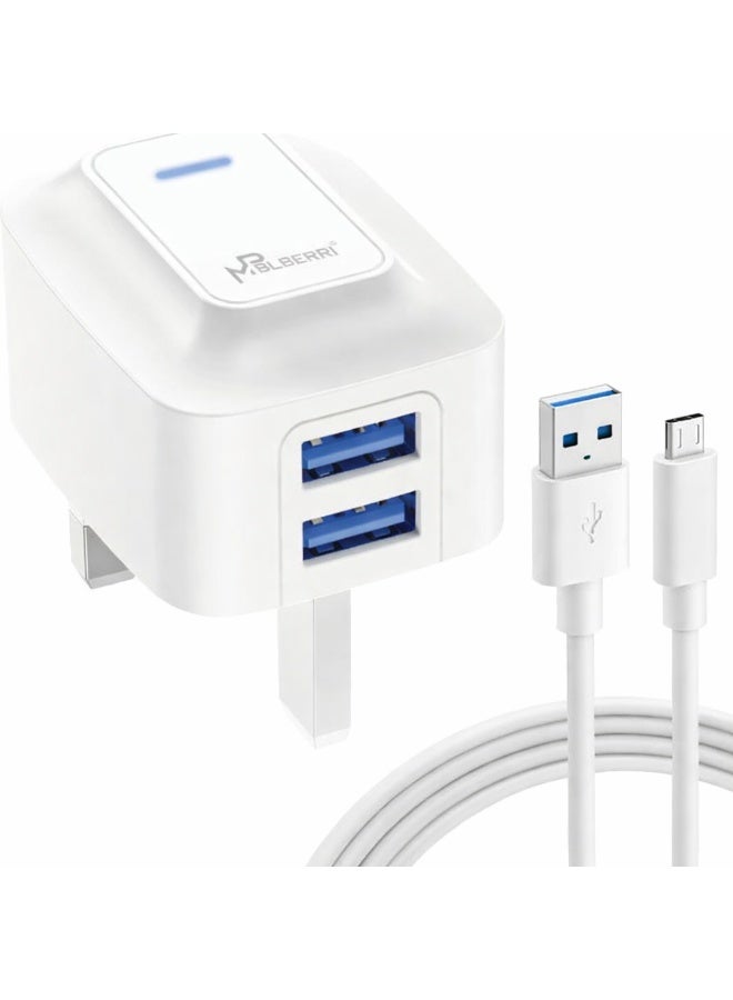 mpBLBERRI Dual USB Wall Charger 2.4A Fast Charging Adapter with Micro USB Cable – 2 Port UK Plug Travel Charger for Android Devices - Image 1